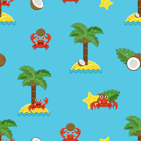 Summer seamless background with cute cartoon crab, palm on a sand island, coconut and starfish. Crab smiles, laughs, waves, hold a coconut. Vector pattern about travel, holiday, ocean and seafood.のイラスト素材