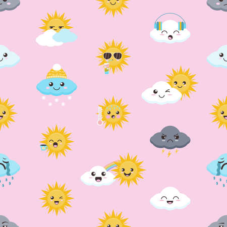 Cute cartoon sun and cloud, weather emoji with various faces, kind lovely seamless vector background for kids. Friendship between sun and cloud. Rain cloud, snow cloud, cloud with lightning and sun with facial expressions.のイラスト素材