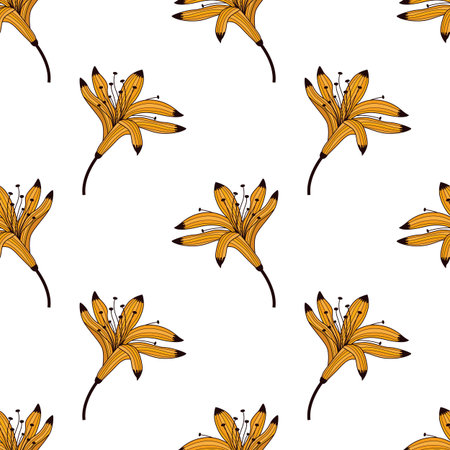 It is the seamless vector background with stylized illustration of dark-yellow flowers of lily. It is the beautiful vintage pattern with ginger garden lilies which are placed in staggered order.のイラスト素材