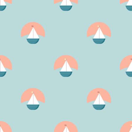 Flat cartoon yatches and ships with white sails are sailing against the backdrop of the sunset. Pastel seamless vector background with sea, sun and ship about sailing, summer and vacation.のイラスト素材