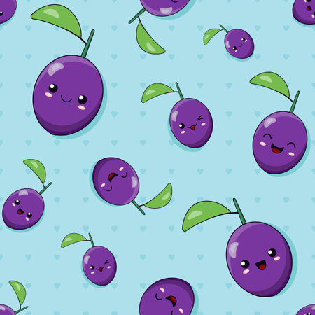 Smiling and laughing cute cartoon fruits of plum with the different facial expressions are falling. The small and big emoji plums, nice seamless pattern with the fruits and the hearts for kids.のイラスト素材