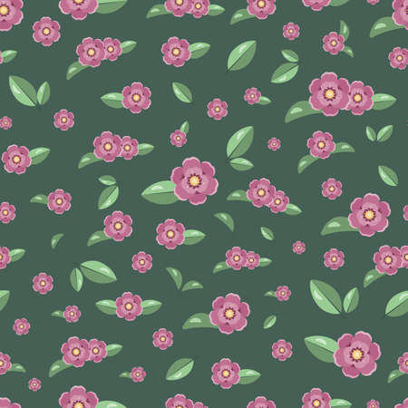 Seamless vector pattern with dark pink flowers and leaves on the dark green background. Floral seamless pattern with stylized illustrations of cartoon flat flowers of plum, cherry or sakura and green leaves.のイラスト素材