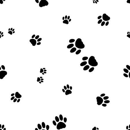 Seamless vector pattern with footprint of cat`s paws. Black paws of cats and kittens on the white background. Seamless pattern with silhouettes of paws of pets.のイラスト素材