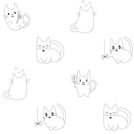 Seamless vector pattern in sketch style with cute cartoon hand-drawn cats. Funny white silhouettes of kittens with gray hand-drawn stroke, seamless vector background for kids.のイラスト素材