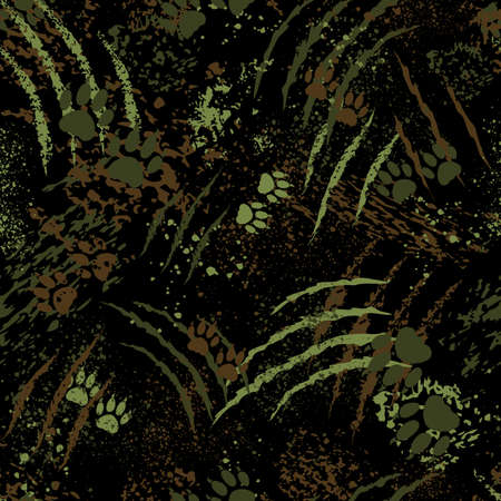 Camouflage with footprints of tiger paws, scratches of claws and splatters, seamless vector background. Military pattern with abstract black, brown and green silhouettes of paws, scrapes, cuts, splashes and sprays.のイラスト素材