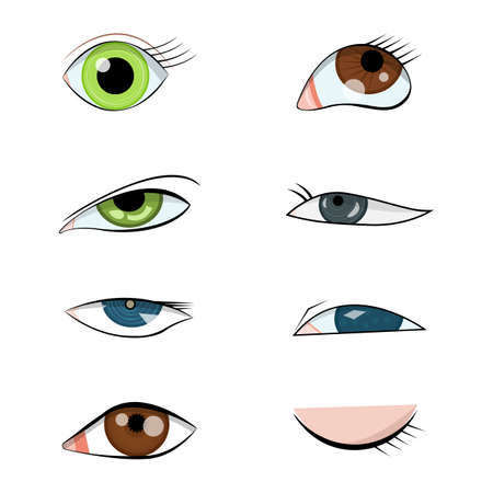 Vector collection of stylized cartoon eyes with various expressions and emotions. Fantasy unreal human eyes are looking with dramatic expressions, vector isolated set.のイラスト素材