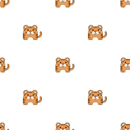 Seamless vector background for kids with cute cartoon tiger cubs. Kind wild cat, orange baby tiger with dark stripes who have semicircular shape is smiling, nice pattern with little funny tiger.のイラスト素材