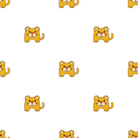 Cute cartoon smiling lion cub and little lioness on the seamless vector background. Pattern for kids with front view of lions, predatory animals of cat family, who have semicircular shape.のイラスト素材