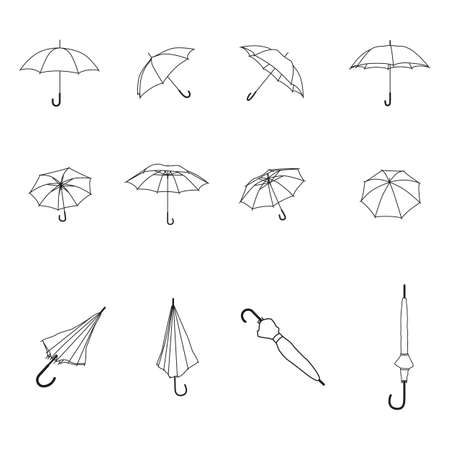 Set of black and white umbrellas, which are shown in various views and angles. Closed and open drawn umbrella, vector collection of simple icons.のイラスト素材