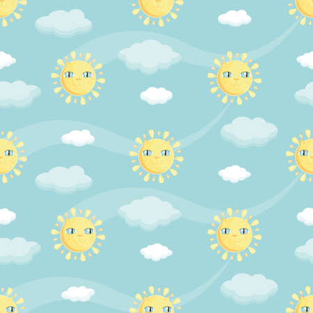Cute cartoon sun with a face of a cat shines on sky among clouds, seamless vector background for kids. Funny pattern with smiling sun who has a muzzle of a kitten and shines on cloudy sky.のイラスト素材