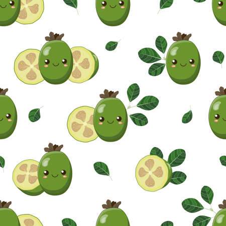 Cute cartoon feijoa fruit with smiling faces, pieces and slices of exotic feijoa fruit with leaves, seamless vector pattern for kids. Happy kawaii feijoa on white background, stylized fruit.のイラスト素材