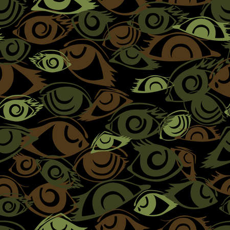 Camouflage vector seamless texture with abstract silhouettes of human eyes. Brown, black and green spots which have shape of people eyes, seamless military pattern with parts of a face.のイラスト素材