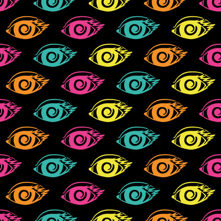 Abstract silhouettes of bright acidic neon human eyes, seamless vector pattern on black background. Stylish seamless pattern with ethnic images of human eyes.のイラスト素材