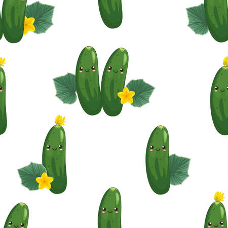 Seamless vector background with cute cartoon cucumbers which are looking to each other. Smiling kawaii cucumbers with flowers and leaves, seamless pattern for kids.のイラスト素材