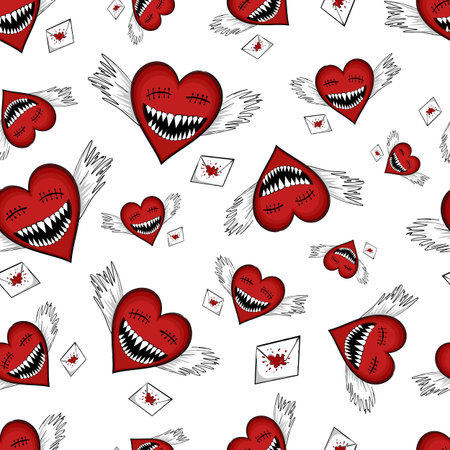 A monstrous blind heart with wide opened smiling maw, sharp teeth and wings is chasing an envelope which is sealed by splatter of blood, seamless vector pattern in tattoo style about abusive love.のイラスト素材