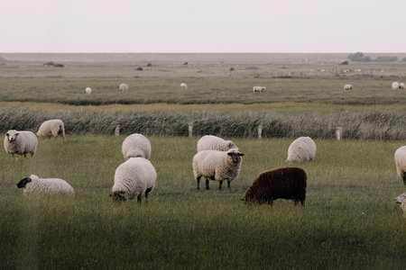 Sheep grazing in a green meadow on a cloudy day.の写真素材