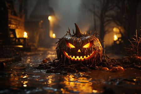 Halloween pumpkin head jack o lantern in foggy forest at nightの素材