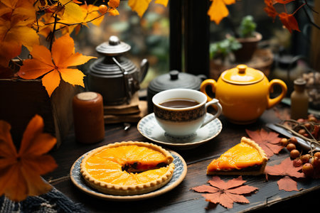 autumn still life with pumpkin, tea and cookies on wooden tableの素材