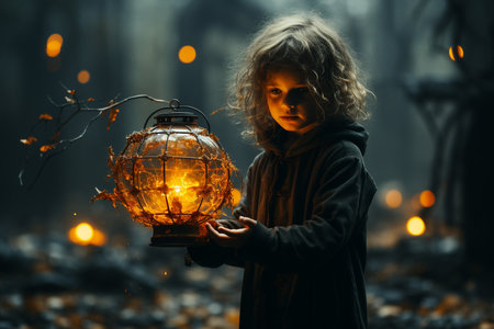 Little boy holding a glowing lantern in his hands. Halloween concept.の素材
