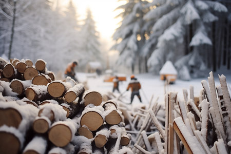 Pile of firewood in winter forest. Firewood background.の素材