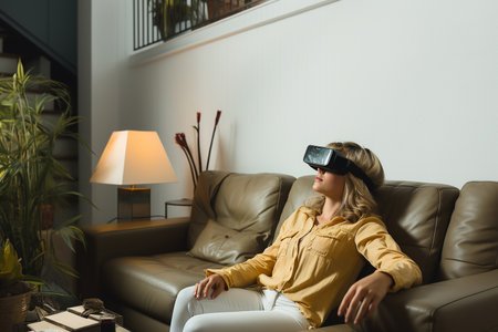 beautiful young woman using virtual reality headset while sitting on sofa at homeの素材