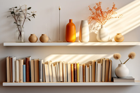 Bookshelf with books and vasesの素材