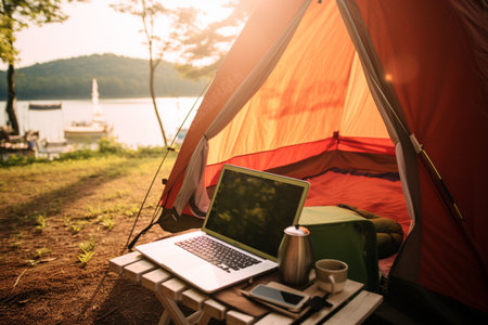 Laptop computer on camping table with tent and coffee cup on nature backgroundの素材