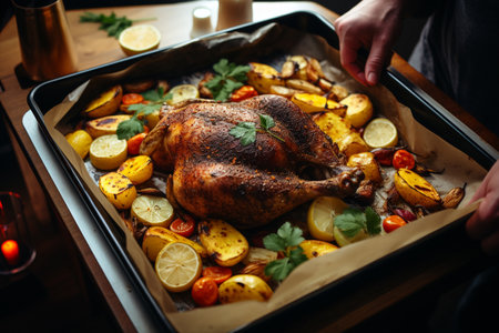 Roast chicken with potatoes and vegetables on wooden tray. Thanksgiving dinnerの素材