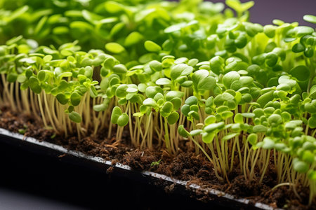 Microgreen sprouts of sunflower seedlings on a black backgroundの素材