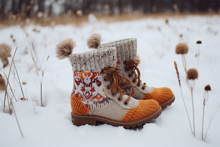 Winter boots with a knitted pattern on the background of the winter forestの素材