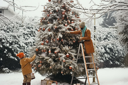 Father and son decorate Christmas tree outdoors. Happy family in winter.の素材