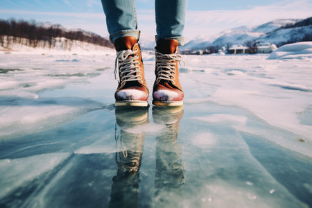 Female legs in winter shoes on the ice of a frozen lake.の素材