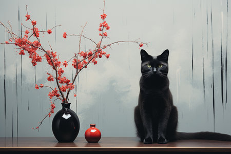 Black cat sitting on a wooden table near a vase with a branch of red berries.の素材