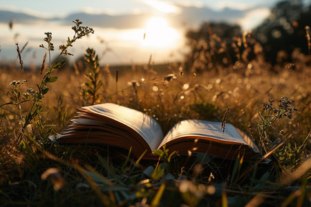 Open book on a meadow at sunset, shallow depth of fieldの素材