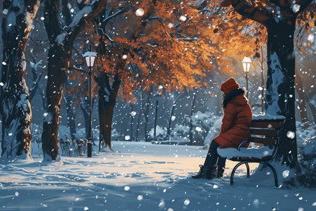 Woman sitting on a bench in the park during a snowfall.の素材