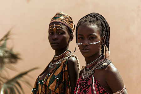 African women in traditional clothes and makeup posing in front of the camera.の素材