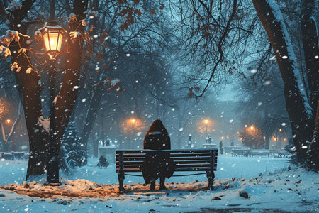 Man sitting on a bench in a winter park at night under a snowfallの素材