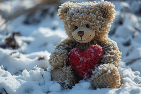 Teddy bear in the snow with a red heart in his handsの素材