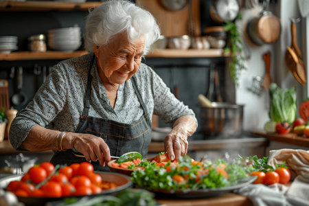 happy and healthy seniors woman cooking salad in the kitchen.の素材