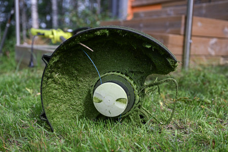 Electric trimmer in the grass after mowing the lawn