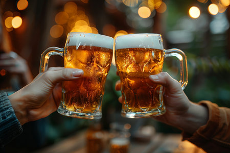 Close-up of two glasses of beer in hands of man and womanの素材