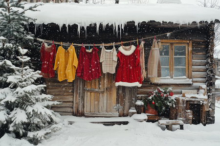 Christmas clothes are hanging on a clothesline in front of a wooden snow-covered house in winterの素材