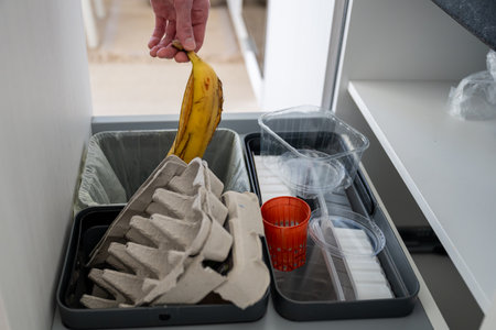 recycling bins for waste sorting in the kitchen for recycle. Plastic, paper and bio. Sorting waste at home conceptの写真素材