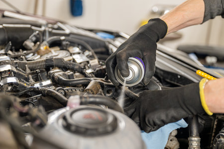 Mechanic wearing gloves sprays cleaner on a car engine in a garage. Concept of vehicle maintenanceの写真素材
