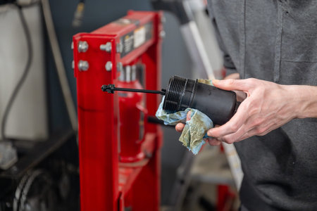 Close-up of hands cleaning a black car oil filter using a cloth in a garage. Maintenance concept