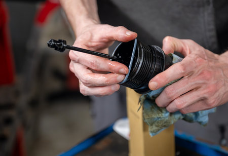 Close-up of hands cleaning a black car oil filter using a cloth in a garage. Maintenance conceptの写真素材