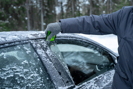 Removing frost from car window with green scraper in winter scene.の写真素材