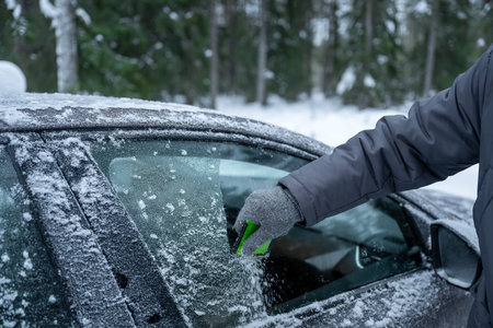 Removing frost from car window with green scraper in winter scene