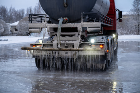 water truck sprays water in winter and makes a skating rink in the yardの写真素材