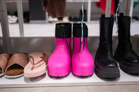 Pink and black rubber boots on a shelf in a thrift store